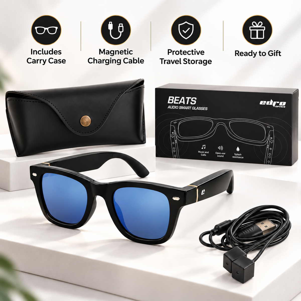 EURO "BEATS" SMART GLASSES - Black frame with Grey Polarized Lenses & Blue Mirror Coating