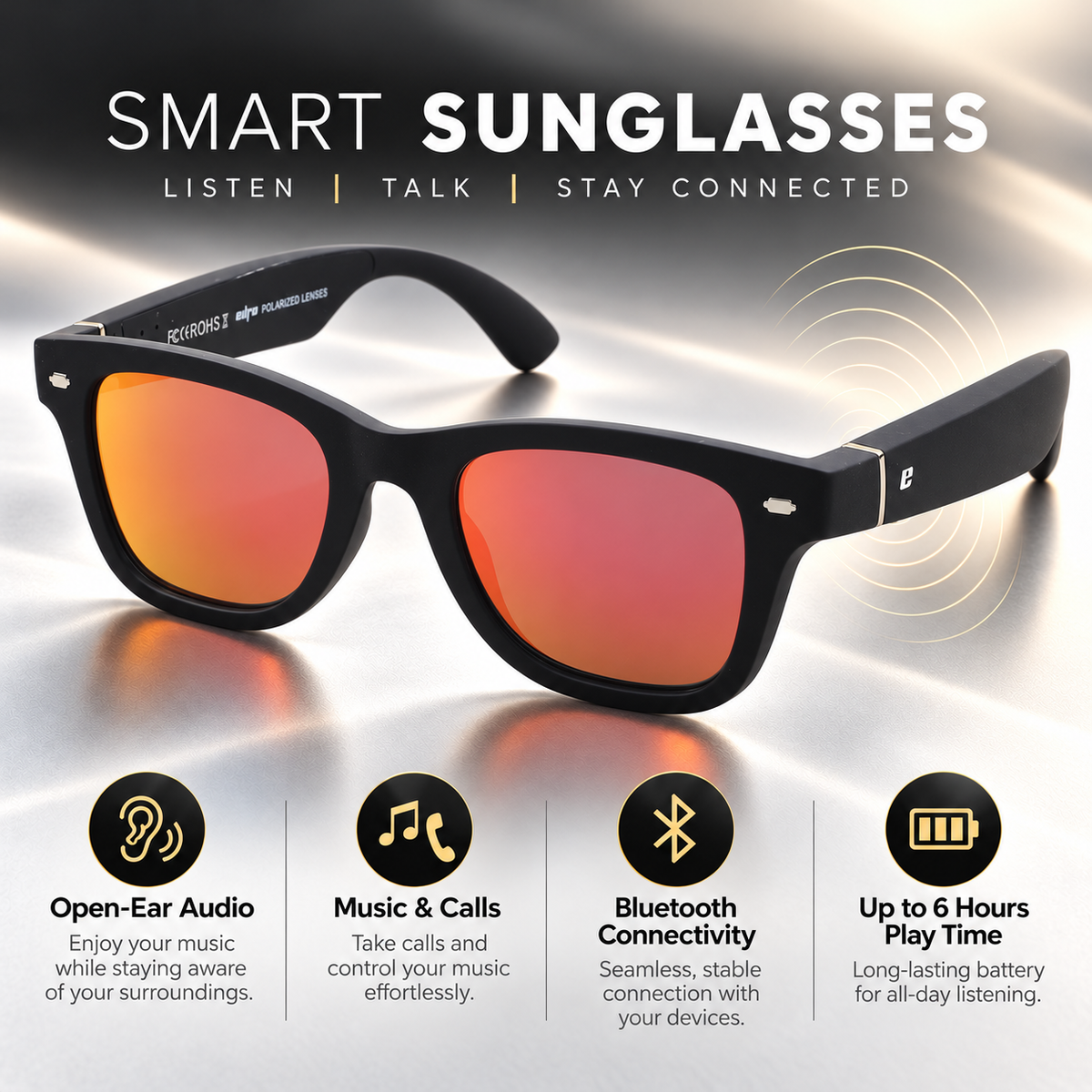 EURO "BEATS" SMART GLASSES - Black frame with Grey Polarized Lenses & Red Mirror Coating