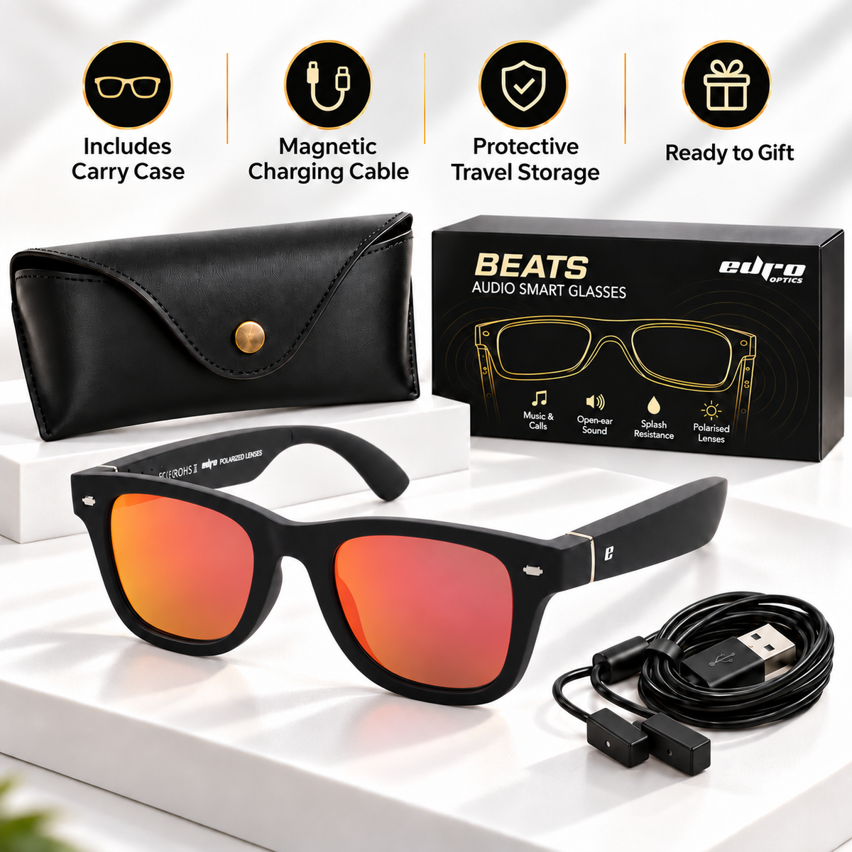 EURO "BEATS" SMART GLASSES - Black frame with Grey Polarized Lenses & Red Mirror Coating