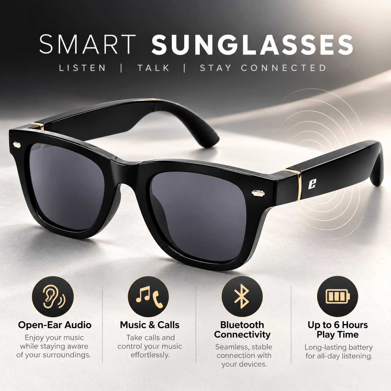 EURO "BEATS" SMART GLASSES - Black frame with Grey Polarized Lenses