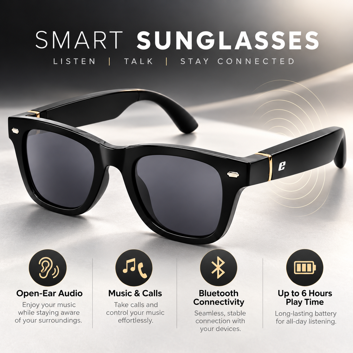 EURO "BEATS" SMART GLASSES - Black frame with Grey Polarized Lenses