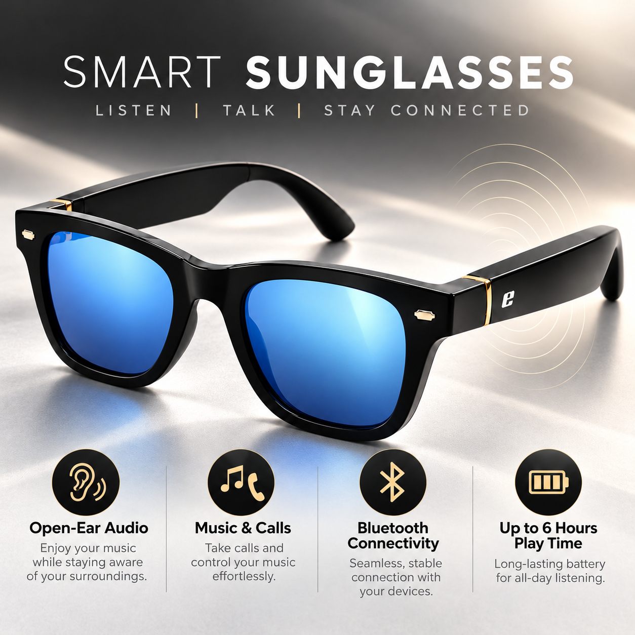 EURO "BEATS" SMART GLASSES - Black frame with Grey Polarized Lenses & Blue Mirror Coating