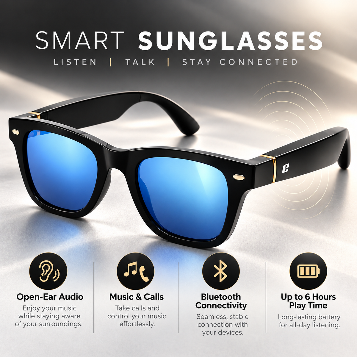 EURO "BEATS" SMART GLASSES - Black frame with Grey Polarized Lenses & Blue Mirror Coating